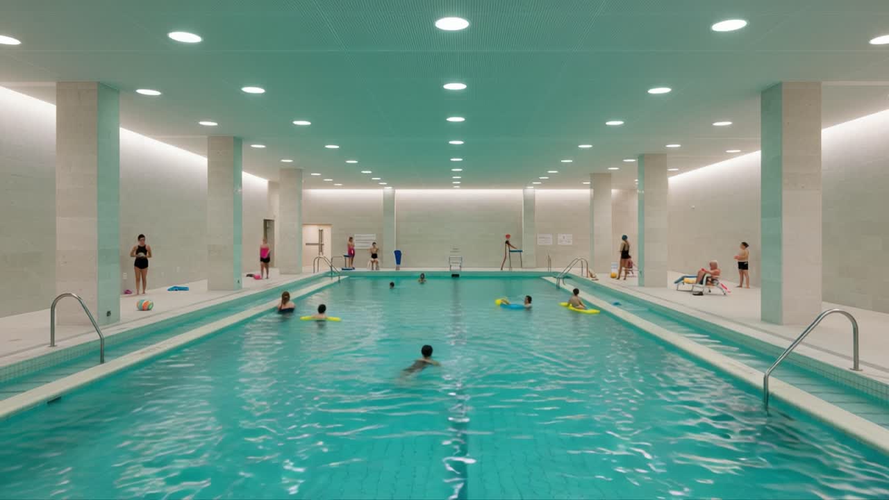 A vibrant swimming pool scene showing a variety of people enjoying water activities, with colorful floats, a well-lit environment, and a modern architectural design
