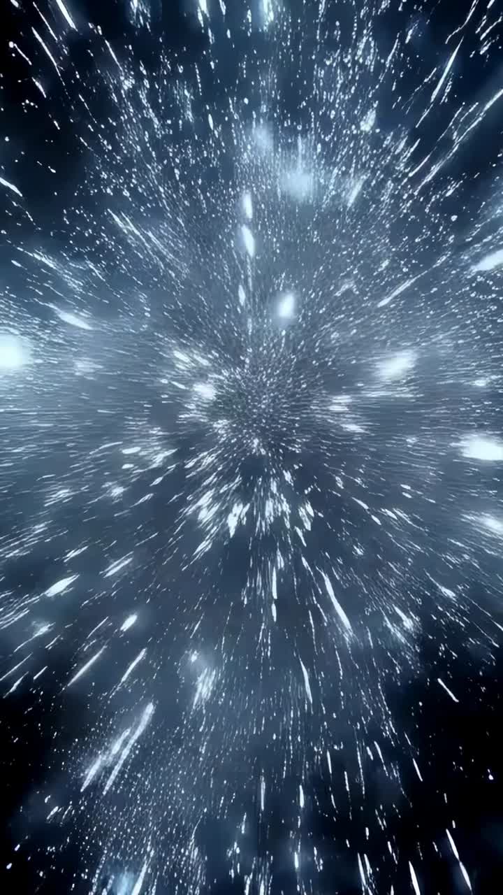 Vertical video: Bursting bright particle cloud sending streaks out in dark space, forming starfield