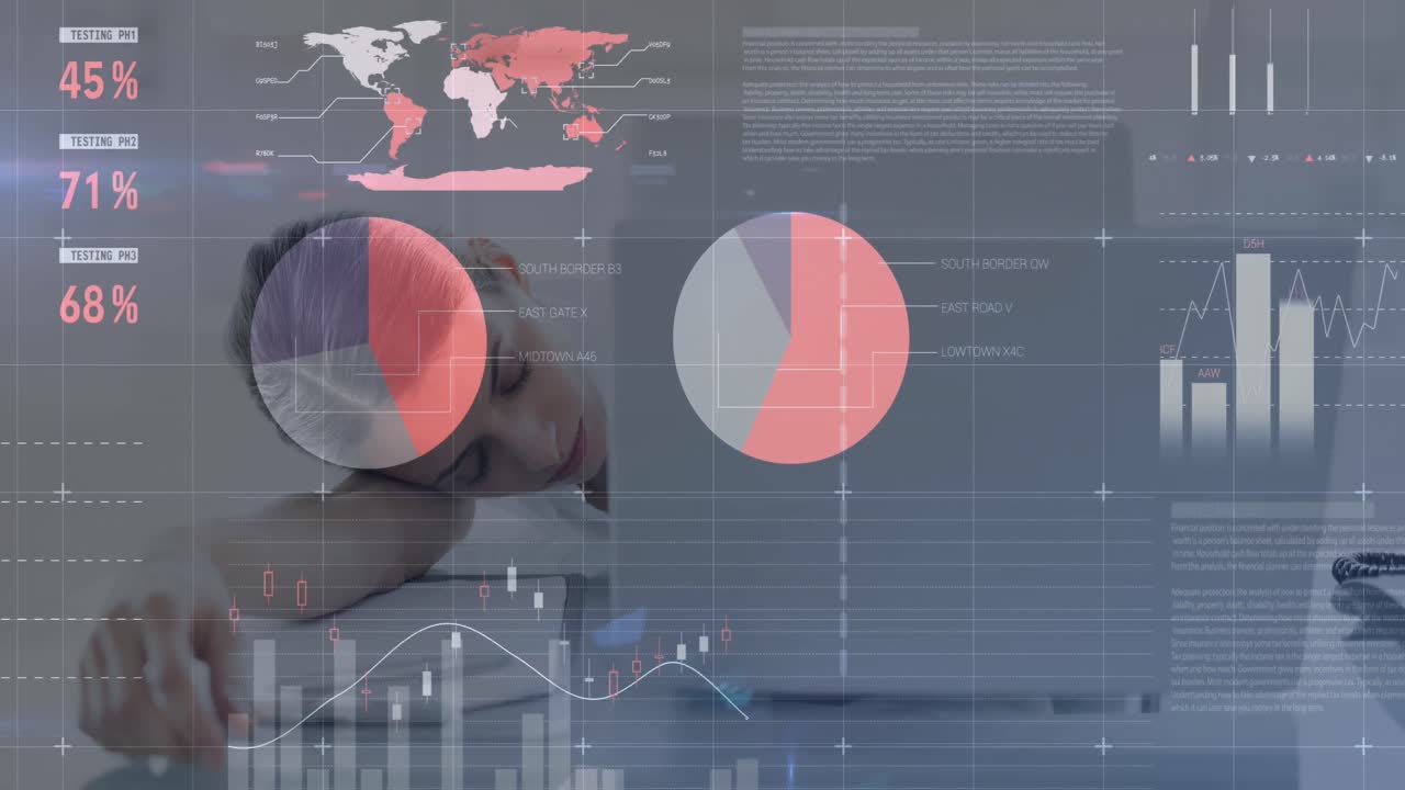 animación de procesamiento de datos estadísticos sobre empresario caucásico durmiendo en su escritorio en la oficina