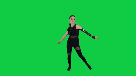 Bailarina-Hábil-Y-Expresiva-Bailando-Frente-A-Una-Pantalla-Verde-Vestida-Con-Traje-Negro-De-Cuerpo-Entero-En-Cámara-Lenta