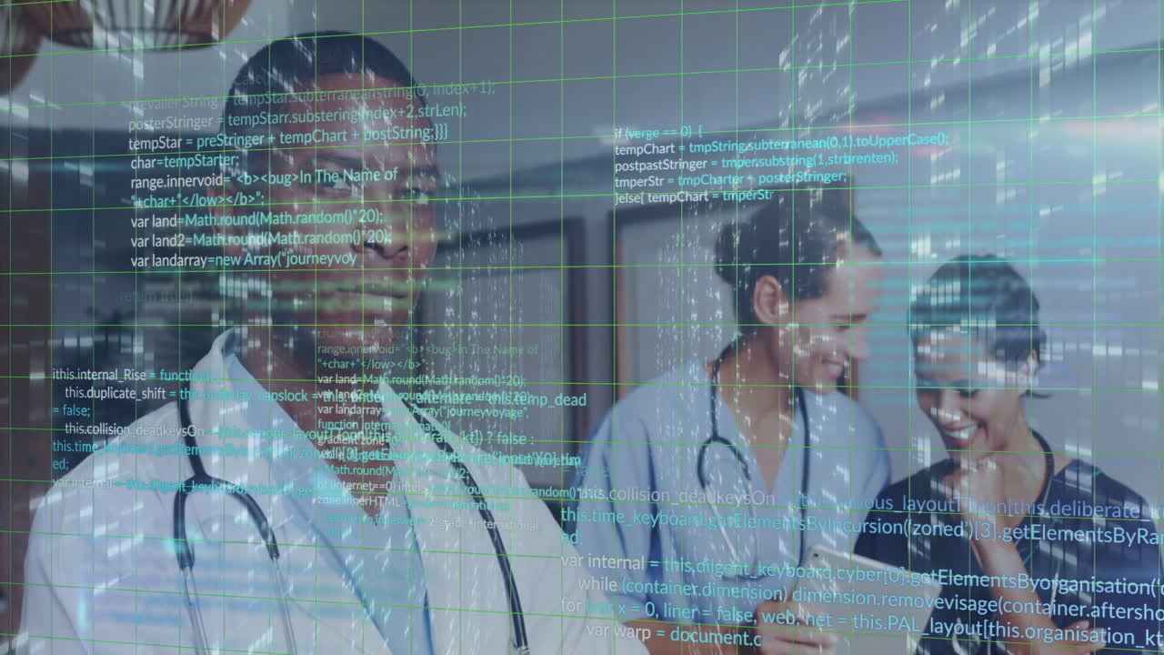 Medical professionals discussing patient care with digital data overlay animation