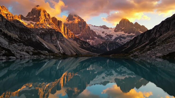 Montagne maestose che si riflettono in un lago calmo all'ora d'oro.