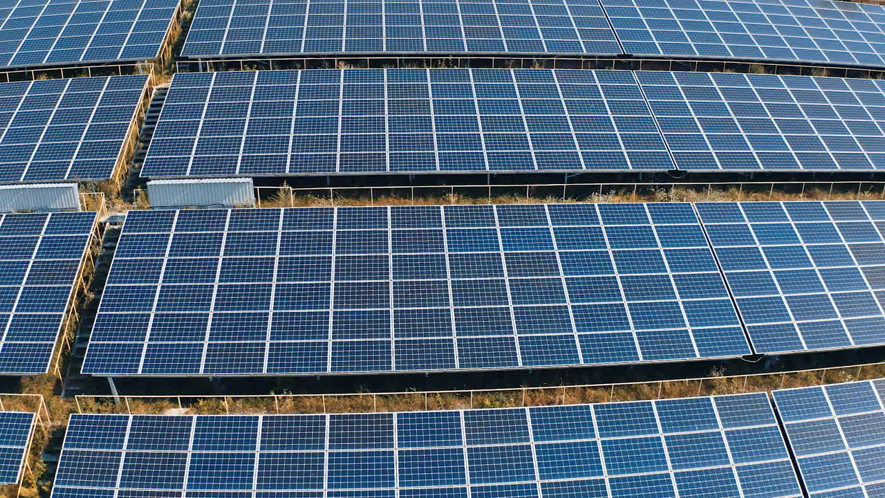 Solar panel cells on energy power farm. Sunlight green electricity production.