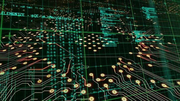 Animation of computer circuit board over data processing on black background
