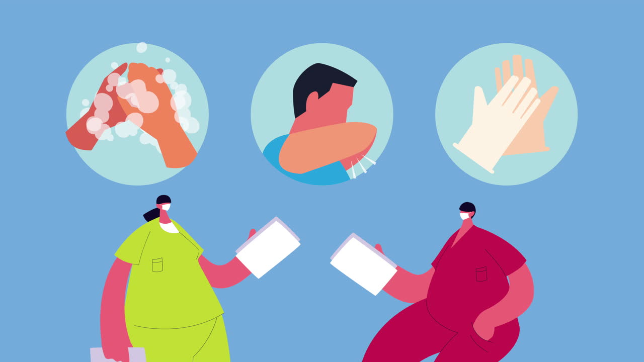 코로나19 예방 방법과 함께 의료 마스크를 착용하는 의사 부부