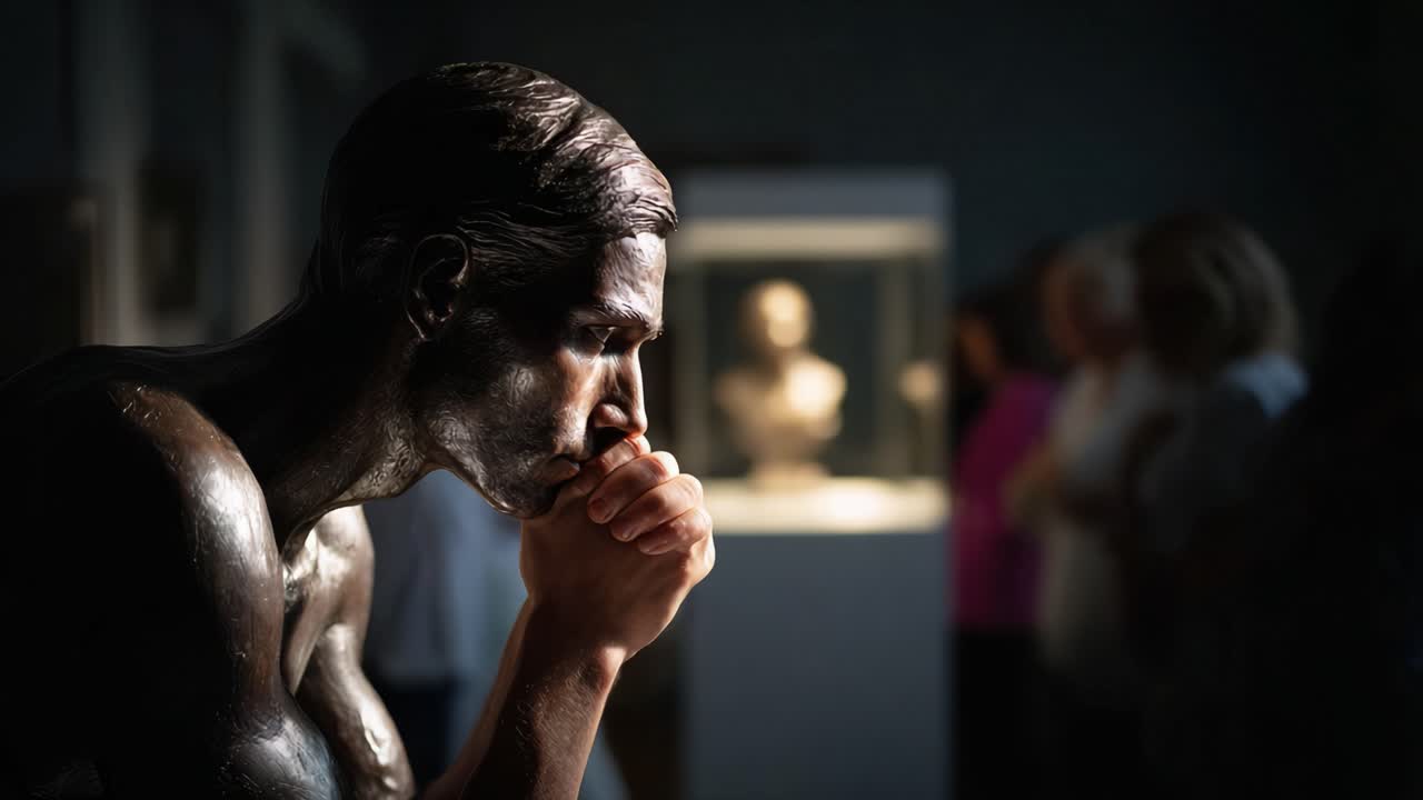 A Thoughtful Sculpture Contemplating Life in a Dimly Lit Gallery with Fascinated Visitors Observing the Art Piece in the Background