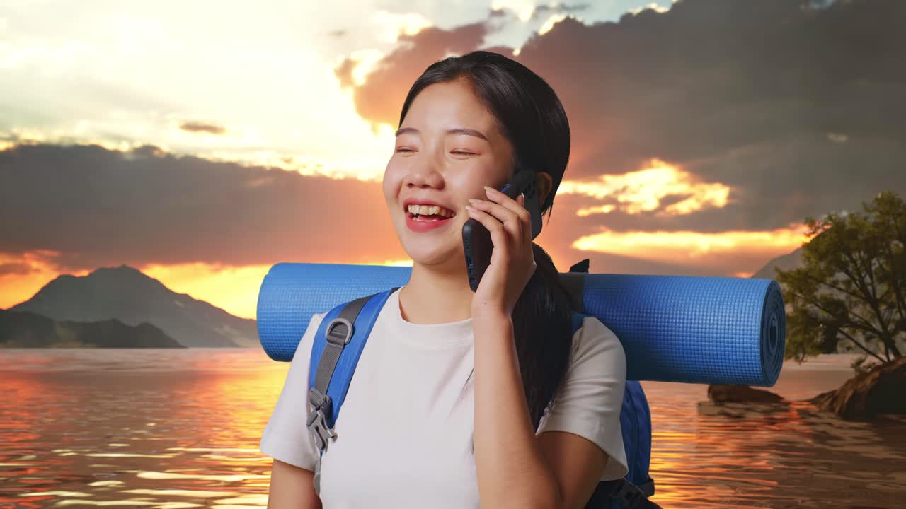 Close Up Of Asian Female Hiker With Mountaineering Backpack Smiling And Talking On Smartphone At A Lake