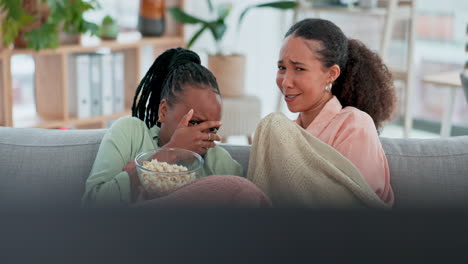 horror, movie and friends watching tv on a sofa