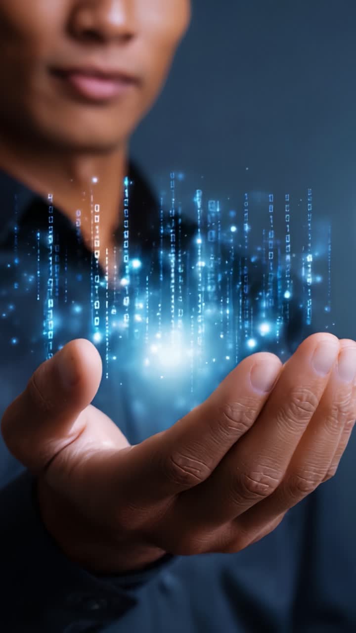 Una persona che mostra una rappresentazione digitale luminosa di codice binario e dati, a simboleggiare la tecnologia, l'innovazione e il futuro dell'informazione nella sua mano