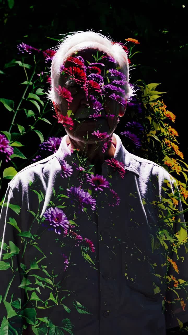 A creative video concept blending nature and humanity, with a front-facing angle, showing a person