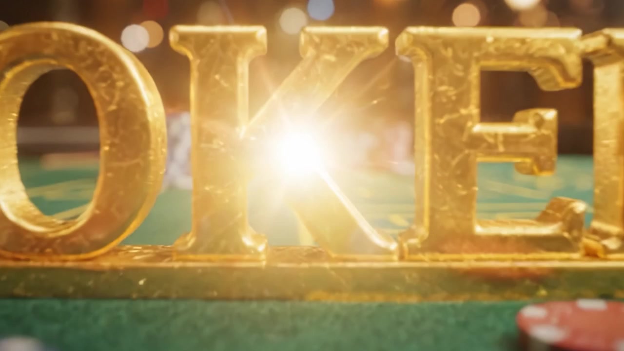 Exciting Poker Game Display Featuring Colorful Chips Against a Sparkling Golden Poker Sign, Capturing the Thrill and Ambiance of a Casino Setting