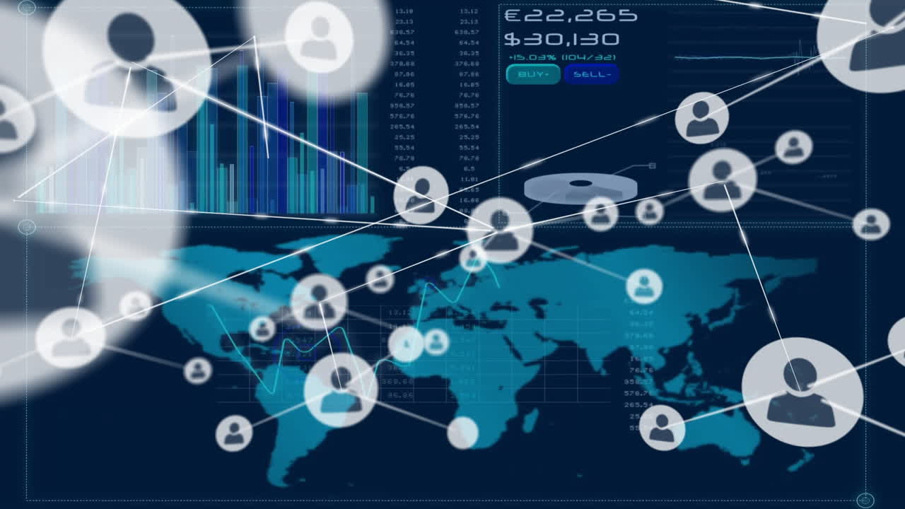 Animation of network of connections with icons over data processing on black background