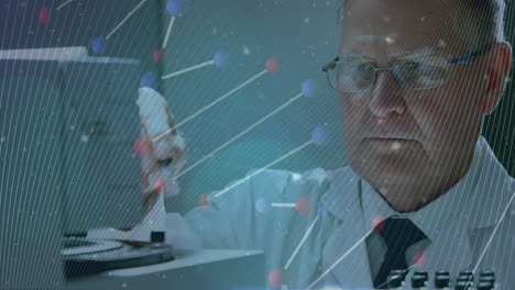 animación de la estructura del adn, cambiando los números sobre el científico caucásico que trabaja en el laboratorio