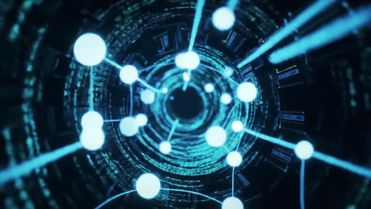 An Immersive Journey Through a Digital Nexus: Exploring The Depths of Technology with Glowing Nodes and Matrix-Like Patterns Representing Data Flow