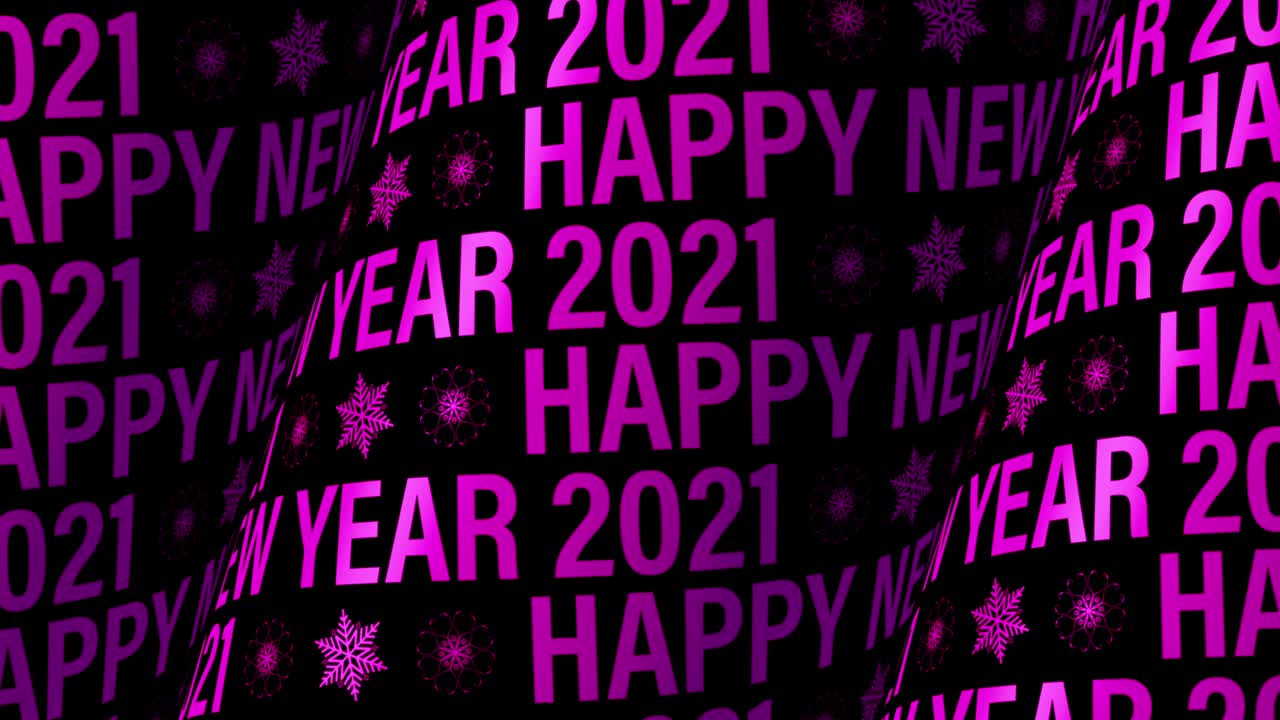 4K 3D seamless loop Happy New Year 2021 pink purple text wall animation with rotational cylindrical shape, new year celebration, Christmas theme.  Stylish pop color presentation wallpaper background.