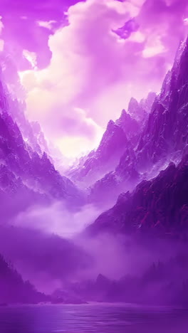 a purple mountain range with a misty, foggy atmosphere. the mountains are covered in snow and the sky is dark and cloudy