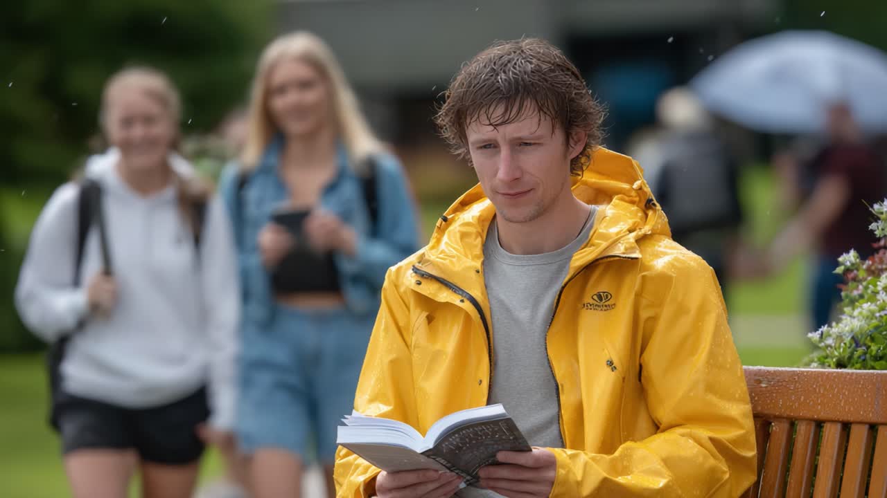 Un giovane con una giacca antipioggia gialla seduto su una panchina legge un libro mentre altre persone passano in un ambiente esterno piovoso