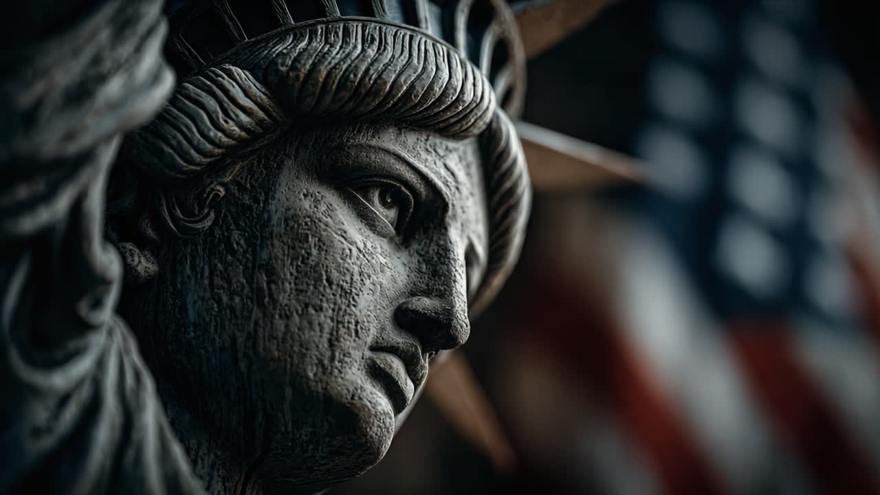 A Close-Up View of an Iconic Statue Featuring Intricate Details, Symbolizing Freedom and Democracy Against the Backdrop of a Subtle Flag