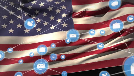 animation of network of connections with icons and flag of usa