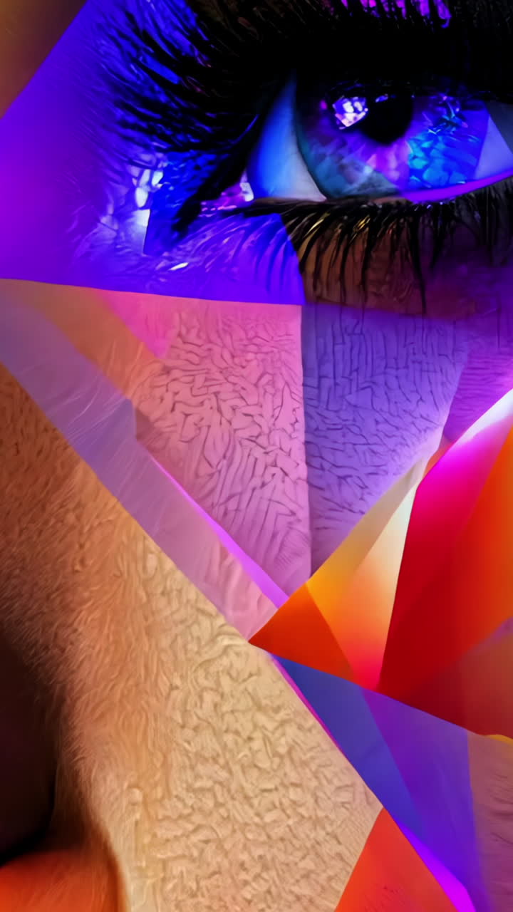 A woman's face is shown in a colorful, abstract style. The colors are bright and vibrant, creating a sense of energy and excitement. The woman's eyes are large and captivating