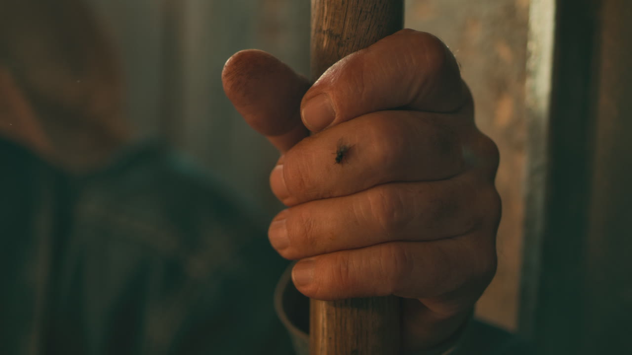 Man's hand holding a wooden pole
