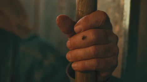 close-up of a hand gripping a wooden pole