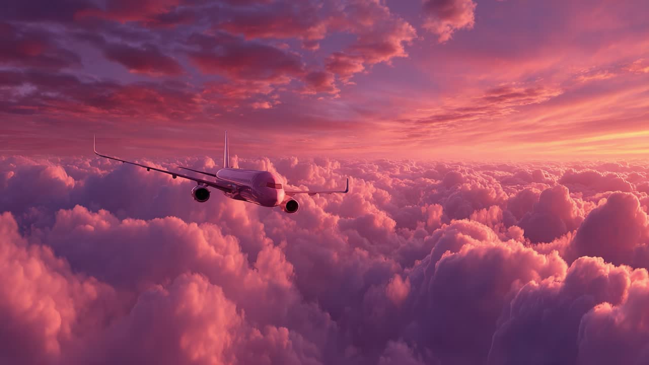 A Serene Journey Through Colorful Clouds: An Airplane Gliding Effortlessly Above the Vibrant Skies at Sunset Embodies Adventure and Tranquility