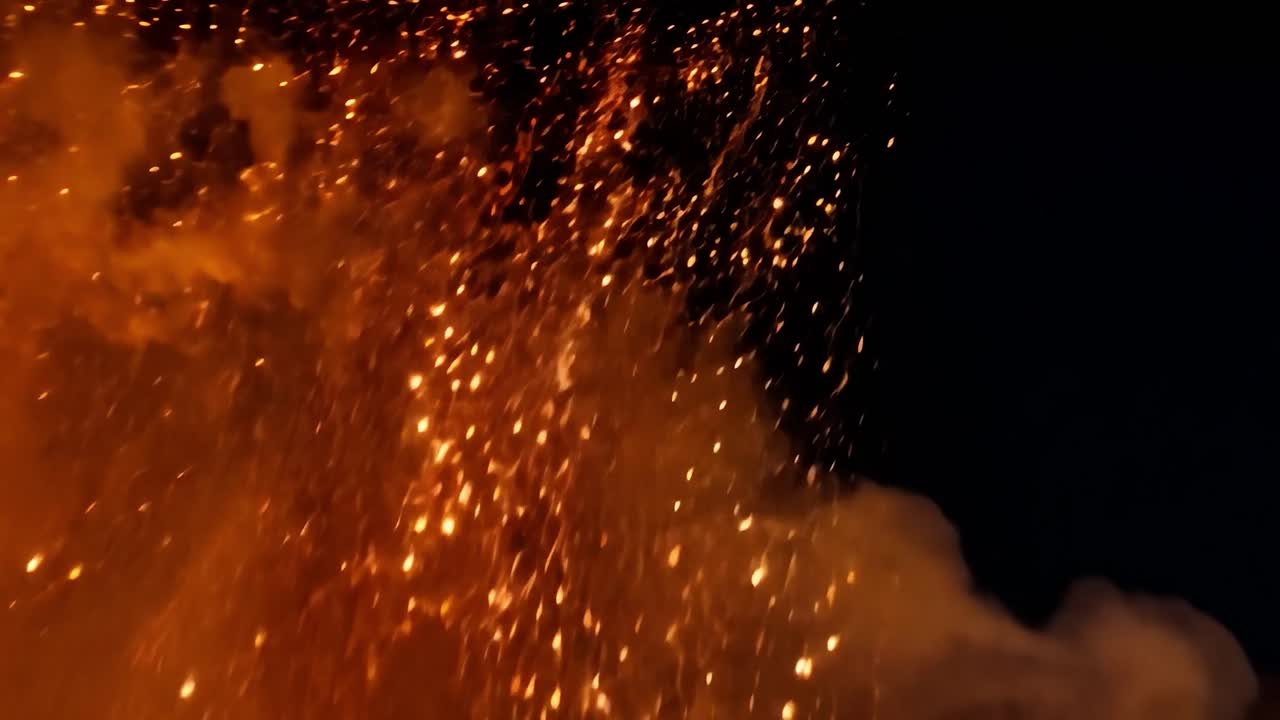 Fires burn brightly, creating flying embers against a dark background, showcasing the raw energy and power of flames