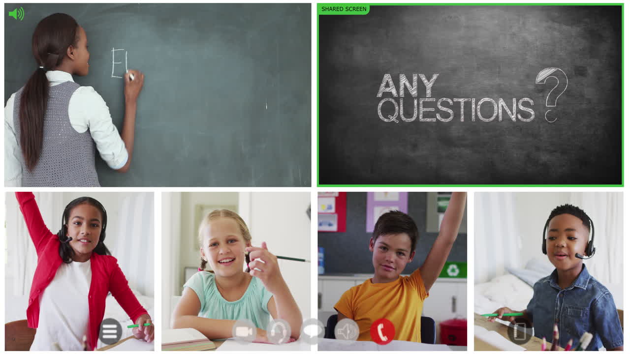Animation of video call screens of chalkboard and diverse teacher and children having online lesson