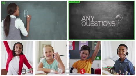 animation of video call screens of chalkboard and diverse teacher and children having online lesson