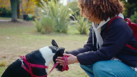 woman giving treats and petting dog in the park