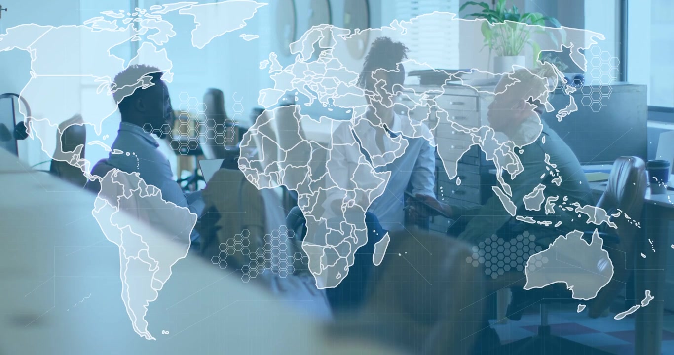 Business team discussing work woman leading man pointing tablet causing world map overlay expanding