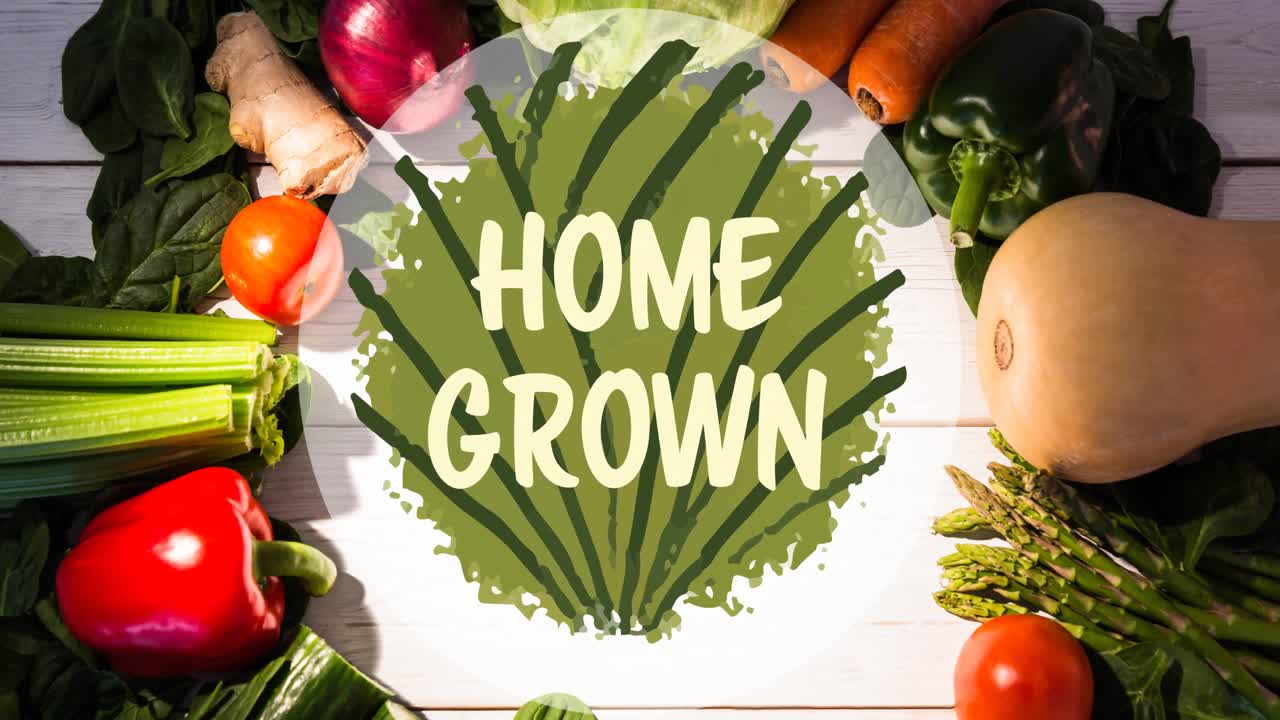 Animation of home grown text on green, over circle of fresh vegetables on white boards