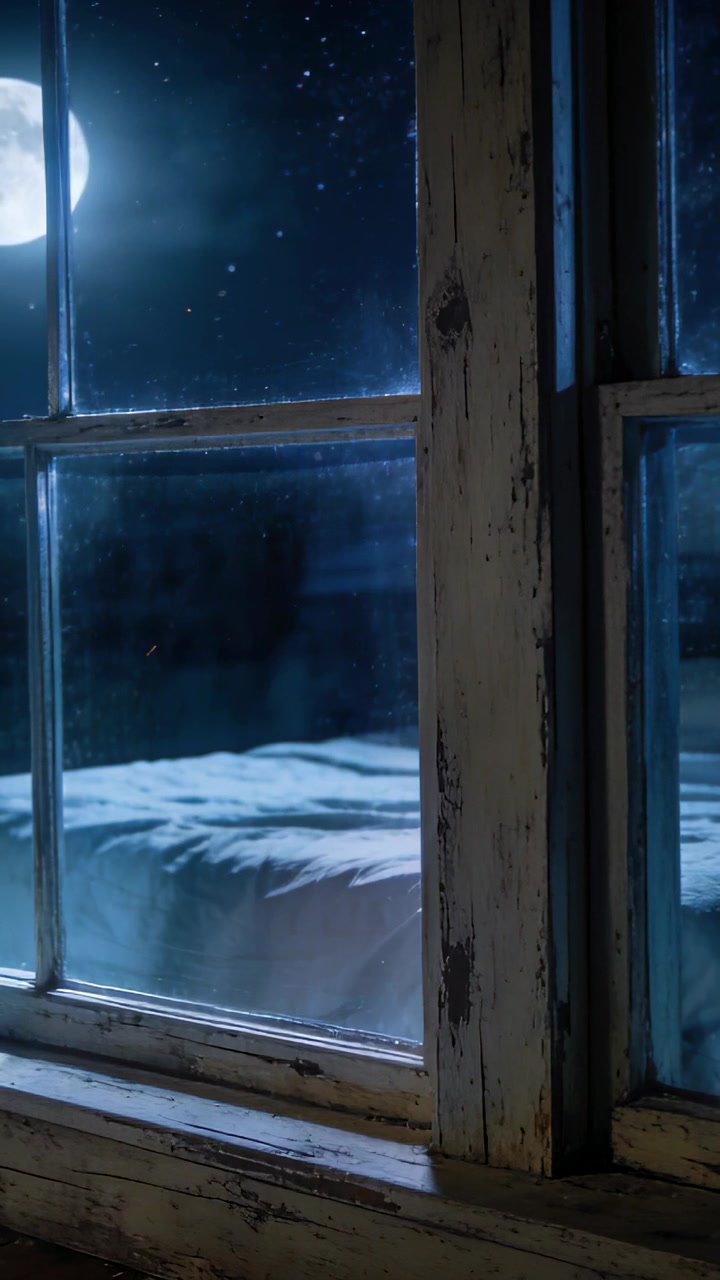 Vertical video: Camera framing worn bedroom window mullion, clouds shifting moon on rumpled sheet