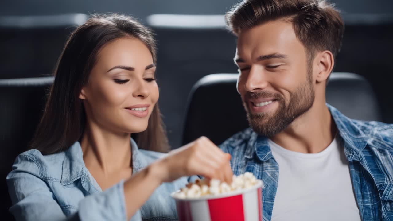 Et lykkelig par som koser seg med en film på kino, deler popkorn og ler, fanger essensen av kino og samhold