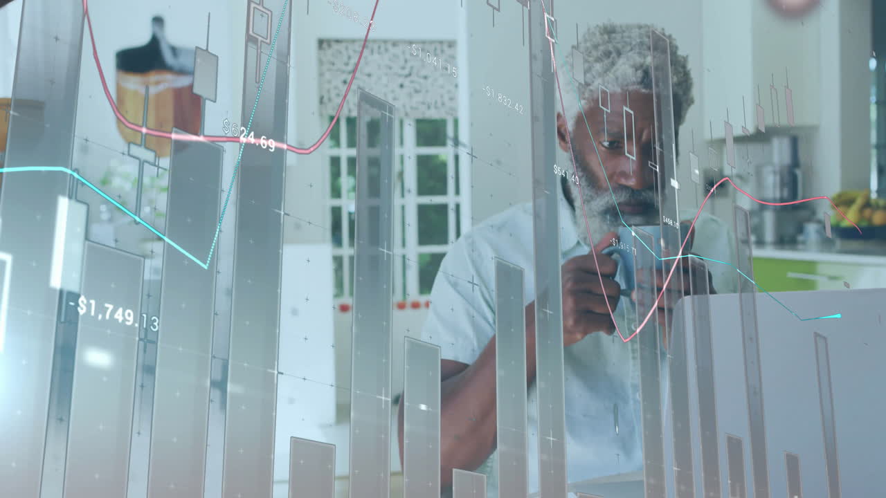 Animation of financial data processing over senior african american man using laptop