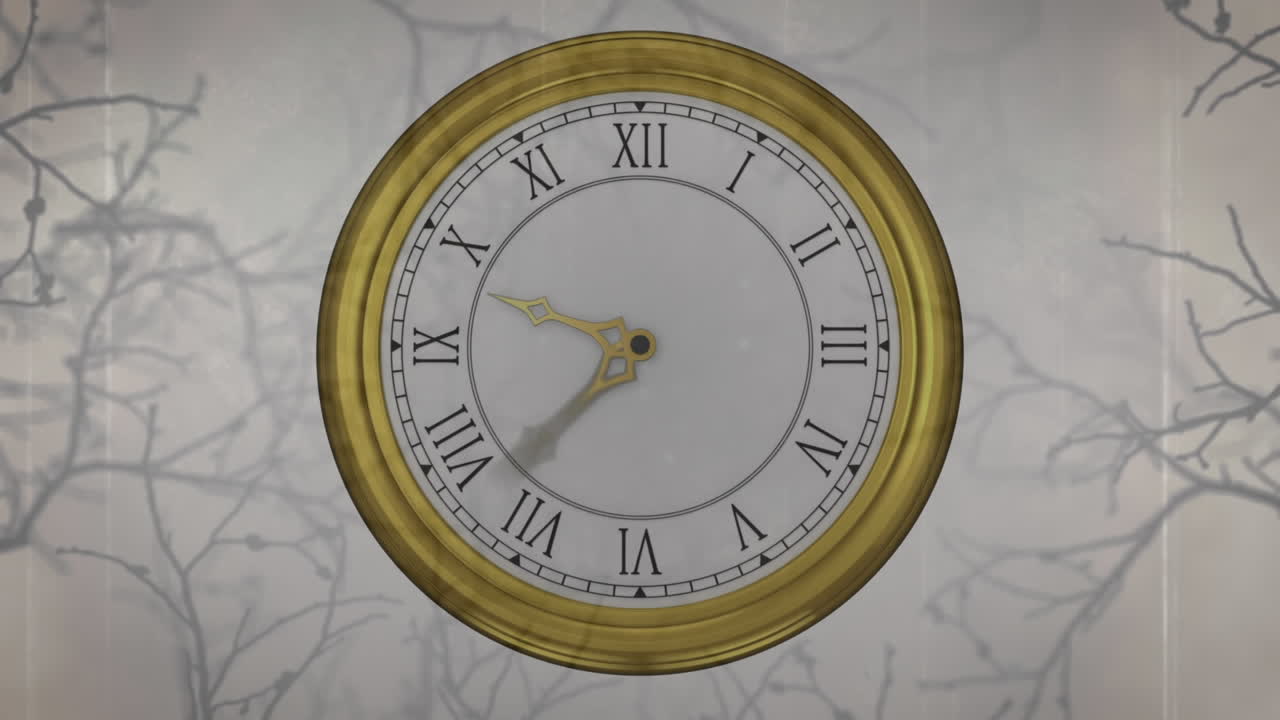 animación digital de reloj de tic-tac sobre ramas de árboles espeluznantes contra un fondo gris