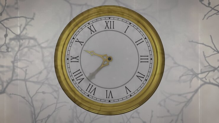 Digital animation of ticking clock over creepy tree branches against grey background