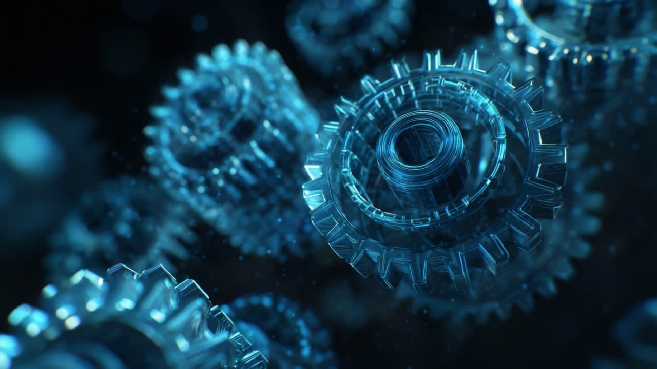 A mesmerizing visual representation of translucent gears spinning and interlocking, showcasing intricate mechanical movement and the elegant beauty of engineering in a visually striking 3D digital environment