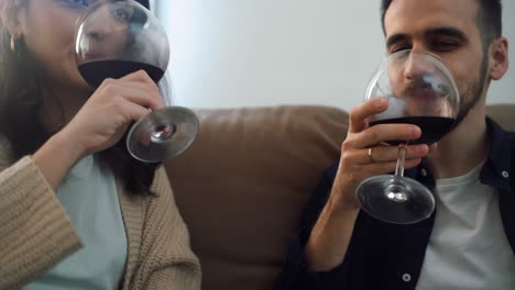 smiling couple with wineglasses at home