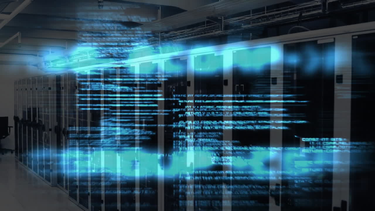 Digital code animating over server racks in data center