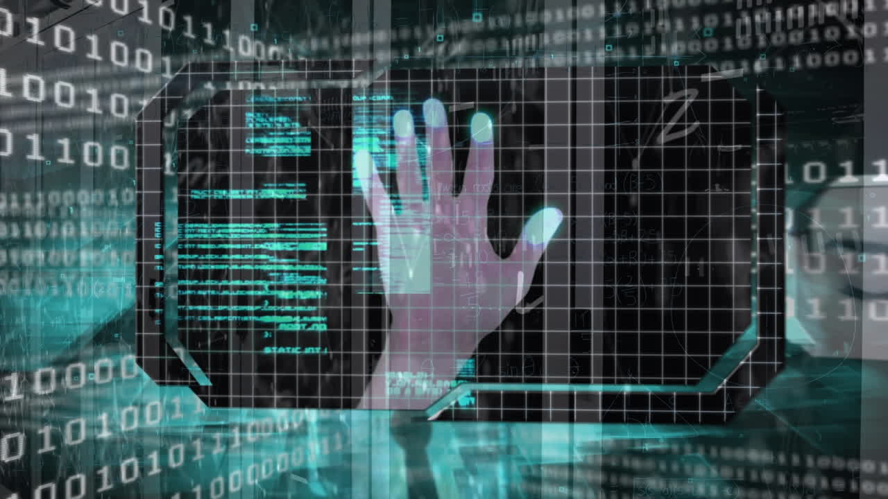 animación de la cerradura, escaneo de la mano, ojos de mujer caucásica sobre puntos conectados y códigos binarios