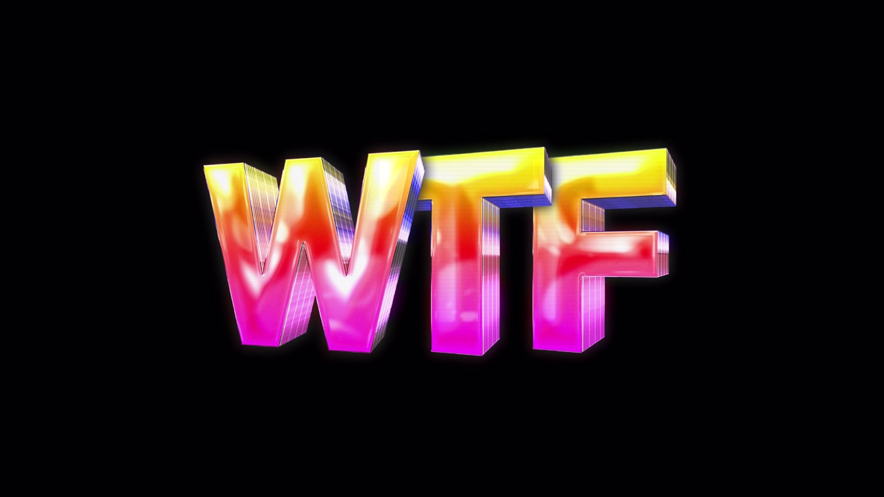 Animazione di testo colorata, glitch e WTF su sfondo nero