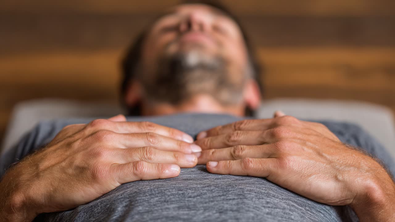 A man rests calmly while practicing mindfulness, focusing on his breathing and body awareness in a serene environment that promotes relaxation and mental clarity