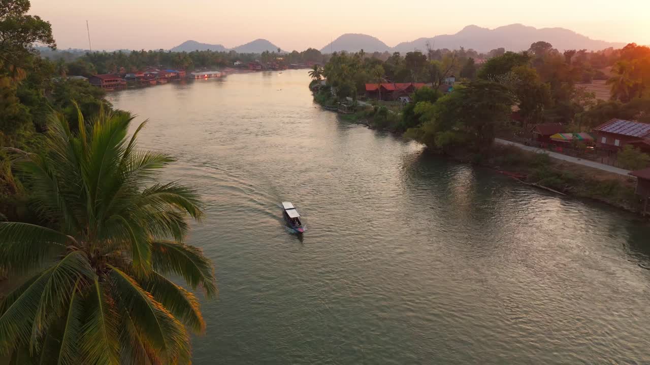 Slow boat sail landscape, Aerial view at 4000 Islands, Laos tropical travel destination