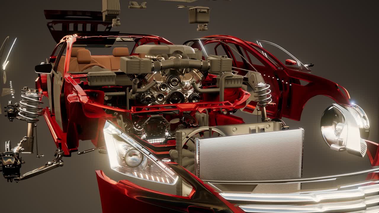 coche desmontado con partes visibles