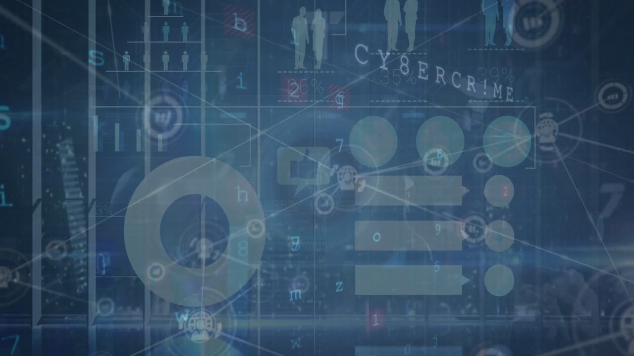 Animation of network of digital icons over cyber security data processing against blue background