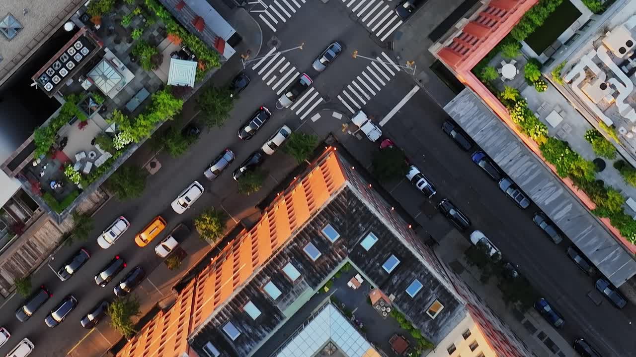Streets and rooftops in New York viewed from a drone perspective