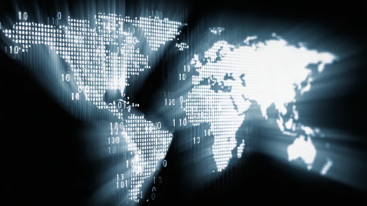A Dynamic Visualization of a Digital World Map Illuminated by Binary Code, Representing Global Connectivity and Data Flow in the Information Age