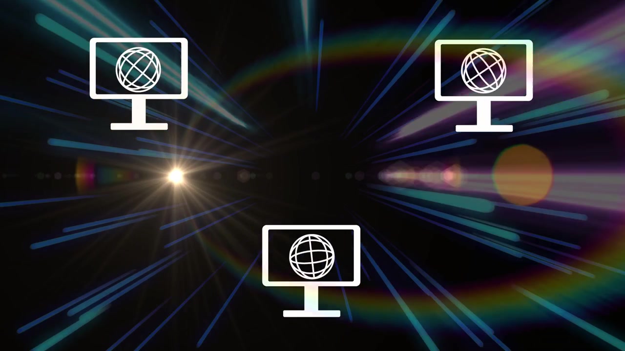 Envelope emerging left arcing toward three monitors, sending data while neon streaks pulsing
